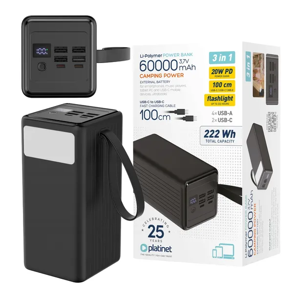 POWERBANK 60000mAh 4x USB 2x USB-C PD QC 3.0 20W SZYBKIE ŁADOWANIE + KABE
