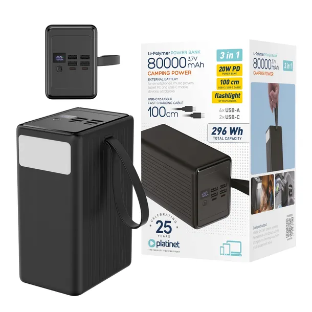 POWERBANK 80000mAh 4xUSB 2xUSB-C PD QC 3.0 20W SZYBKIE ŁADOWANIE + KABEL