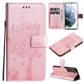 etui-do-samsung-galaxy-s22-rozowe-z-klapka-tloczone-drzewko-kot-motyl
