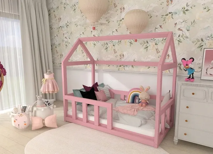 Łóżko dziecięce z barierką w stylu skandynawskim 160x80 stelaż pudrowy róż