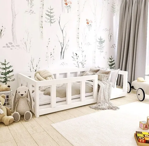 ŁÓŻKO DZIECIĘCE NISKIE Z BARIERKĄ 120x200 montessori dla dziecka + stelaż