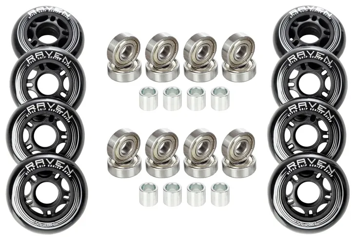 8x Kółka do rolek czarne 76mm + 16x Łożyska RAVEN Abec7