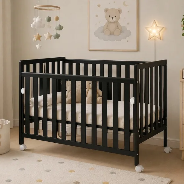 Łóżeczko dostawka BAMBI 120x60 z opuszczanym bokiem na kółkach CZARNE