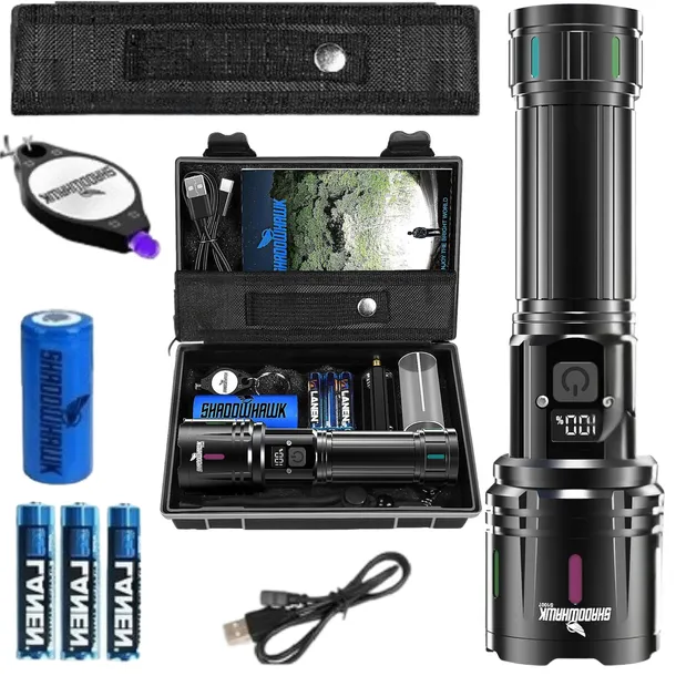 Mocna Latarka LED 30000L Taktyczna Wojskowa Powerbank prezent UV SHAD0WHAWK