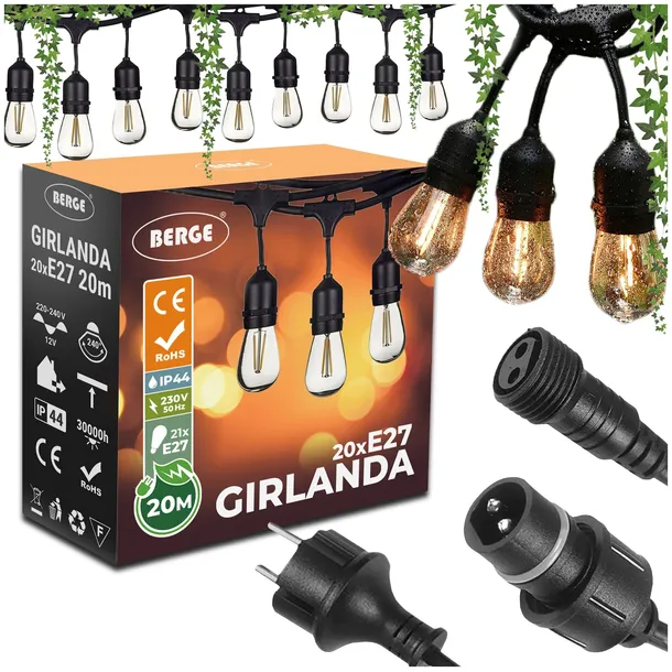 Girlanda ogrodowa 20m + 20 żarówek E27 LED wodoszczelna Możliwość łączenia