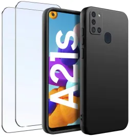 zestaw-etui-do-samsung-a21s-matowe-czarne-silikon-2-sztuki-szklo