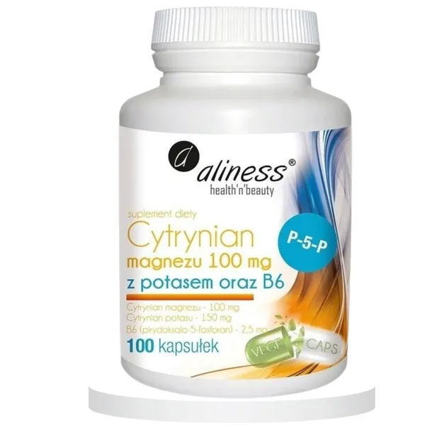 Cytrynian magnezu 100mg Magnez Potas Witamina B6 P-5-P Aliness 100 kaps