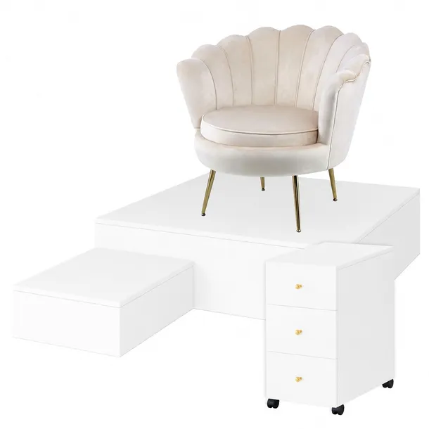 GOTOWE STANOWISKO ZESTAW PEDICURE PODEST FOTEL KONTENER BIAŁY MAT 120CM