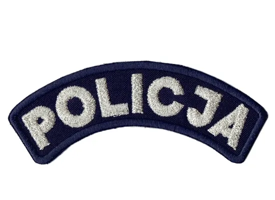 POLICJA łuczek na ramię naszywka naramienna granatowa haft srebrny rzep