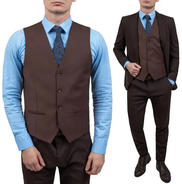 Elegancka Kamizelka Garniturowa Brązowa Męska Gładka Wizytowa - 54