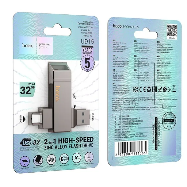 pendrive-32gb-usb-3-2-usb-a-usb-c-hoco-ud15-szary