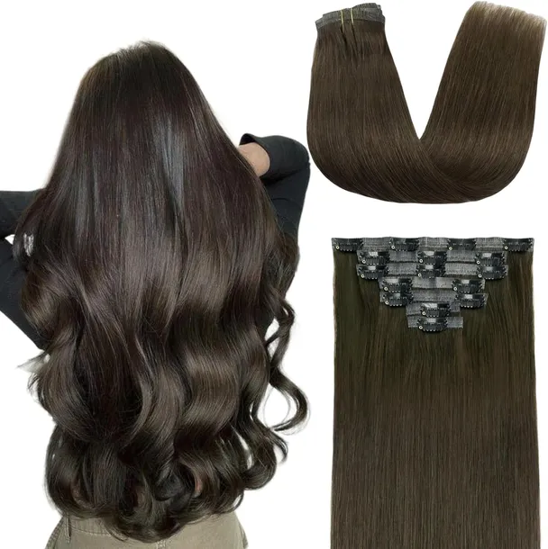 Włosy naturalne clip in 55cm 90g brąz zagęszczanie 7 pasm