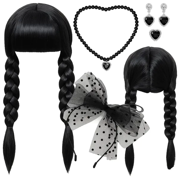 PERUKA WEDNESDAY ADDAMS WŁOSY OPASKA STRÓJ PRZEBARANIE NA BAL + AKCESORIA