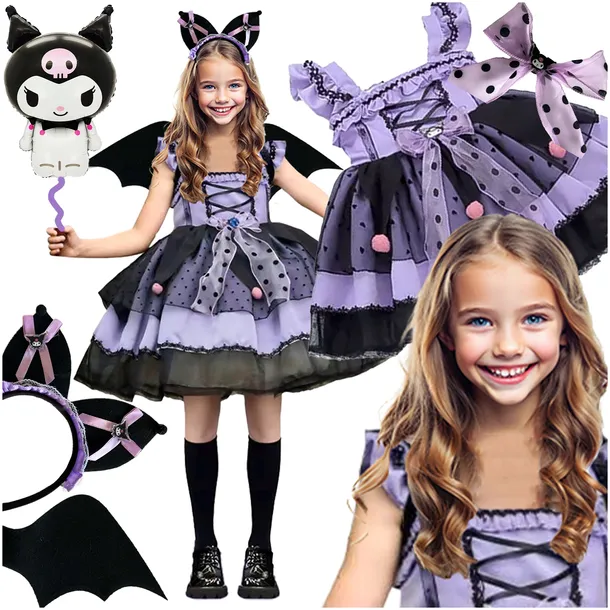 STRÓJ KARNAWAŁOWY KUROMI SUKIENKA OPASKA KOSTIUM HALLOWEEN 128 / 134 +BALON