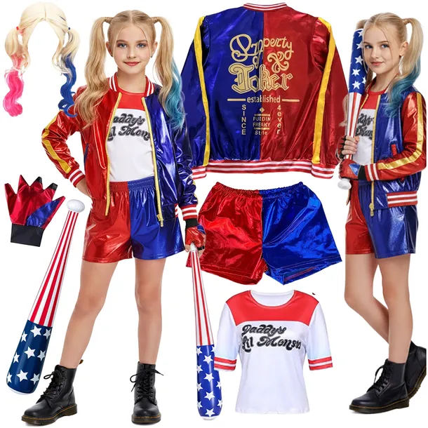 STRÓJ HARLEY QUINN KOSTIUM PERUKA STRÓJ KARNAWAŁOWY KIJ HARLEY 122 / 128