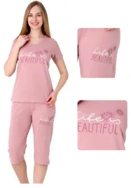 pizama-damska-bawelniana-3-4-napis-life-is-beautiful-rozowa-3xl