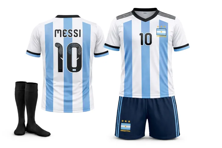 STRÓJ PIŁKARSKI - KOSZULKA SPODENKI GETRY - MESSI ARGENTYNA rozm. 116 cm