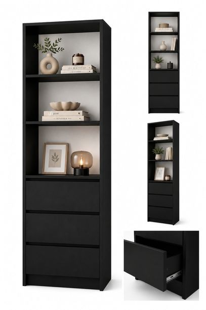Elegancki Duży Regał z 3 Szufladami i półkami na książki CZARNY 180x90x32cm