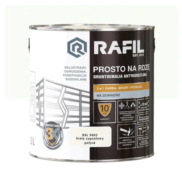 RAFIL FARBA PROSTO NA RDZĘ BIAŁY POŁYSK RAL9003 2,5L DO METALU
