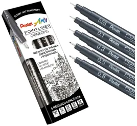 cienkopisy-czarne-kreslarskie-kalibrowane-pentel-pointliner-zestaw-5-sztuk