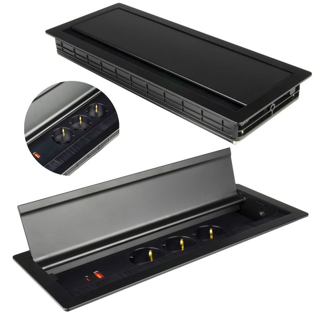 GNIAZDO MEBLOWE WPUSZCZANE W BLAT POTRÓJNE 230V CZARNE 2x USB ZE SZCZOTKĄ