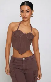 brazowy-top-z-wiazaniem-prettylittlething-xs