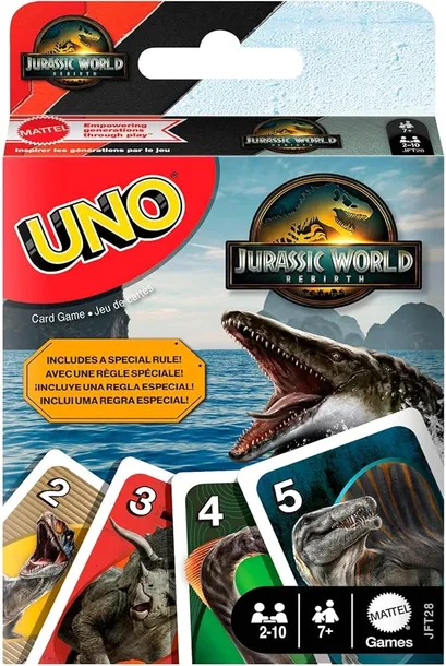 Gra Karciana UNO Jurassic World Rebirth – Gra Karciana dla Dzieci i Dorosłych | Edycja Dinozaury