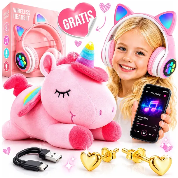 DUŻY MIŚ MASKOTKA JEDNOROŻEC RÓŻOWY 30 CM + SŁUCHAWKI KOCIE USZY + GRATIS