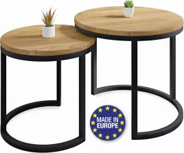 stolik-kawowy-okragly-zestaw-2-sztuki-lity-dab-stal-czarny-o50x43-o40x38-cm