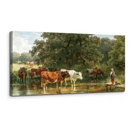 obraz-na-plotnie-krowy-pija-wode-50x100-cm-duza-sztuka-scienna-estetyczna