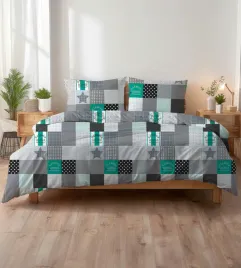 posciel-z-kory-200x220-patchwork-czarno-bialo-turkusowa-w-gwiazdy-i-krate