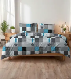 posciel-z-kory-200x220-patchwork-czarno-bialo-szara-turkusowa-w-gwiazdy