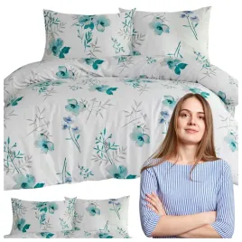 posciel-flanelowa-220x200-biala-turkusowa-kwiaty-liscie-flanelove
