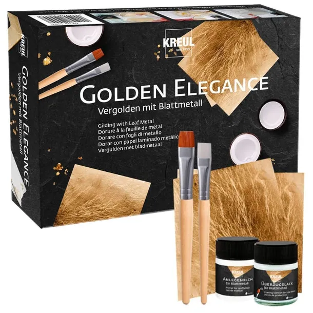 Zestaw do złoceń Golden Elegance Płatki złota werniks podkład pędzle Kreul