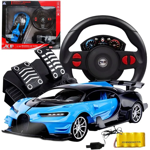 Auto ZDALNIE STEROWANE Bugatti 1:16 RC KIEROWNICA PEDAŁY LED Niebieski
