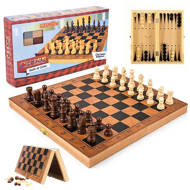 Tradycyjne SZACHY DREWNIANE Warcaby Tryktrak 3w1 ZESTAW 34 cm