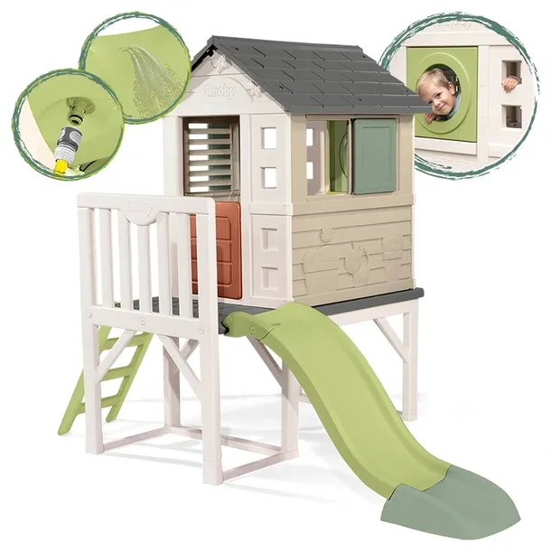 DOMEK OGRODOWY NA PALACH DLA DZIECI ZE ZJEŻDŻALNIĄ I WERANDĄ SMOBY LIFE 2+