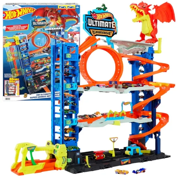 HOT WHEELS CITY ZESTAW MEGA GARAŻ ATAK SMOKA TOR TEMATYCZNY 4 POZIOMY 90 CM