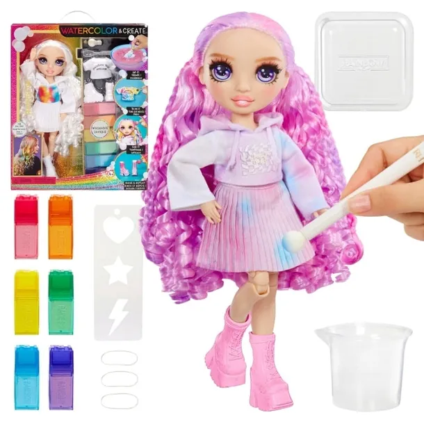 RAINBOW HIGH WATERCOLOR & CREATE LALKA DO MALOWANIA DIY FIOLETOWE OCZY