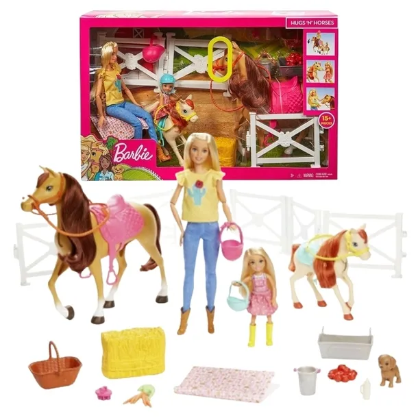 BARBIE STADNINA KONI ZESTAW 2 LALKI LALKA KOŃ KONIE AKCESORIA KUCYK GXV77