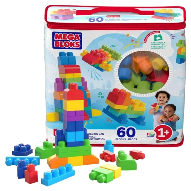 DUŻE KLOCKI MEGA BLOCKS FISHER PRICE TORBA WOREK 60 ELEMENTÓW DLA DZIECI 1+