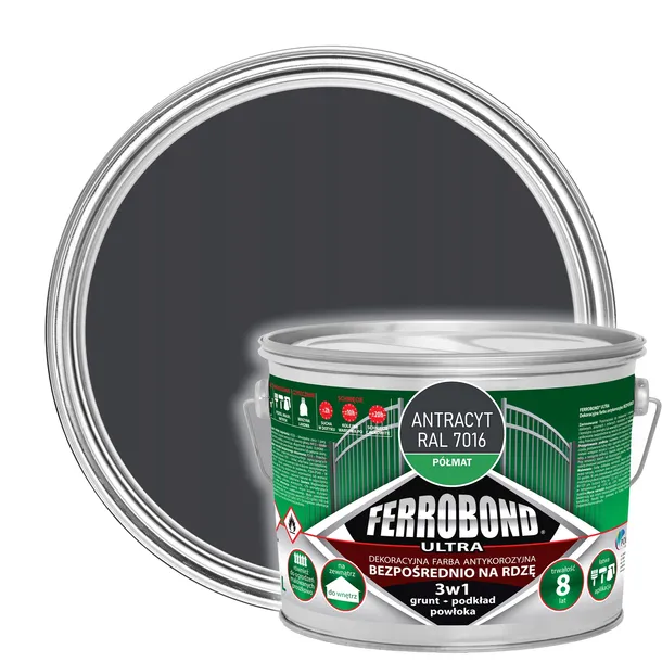 Farba do Metalu 3w1 na Rdzę ANTRACYT PÓŁMAT RAL 7016 2,5L Ferrobond Ultra
