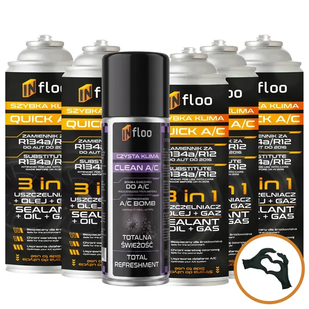 INfloo 5x Szybka Klima R134a Gaz Olej Uszczelniacz 3w1+Czysta Klima 200ml