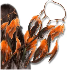 pomaranczowa-opaska-boho-z-piorkami-i-rzemykiem-idealna-na-festiwale-i-lato