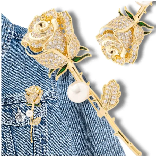 Broszka Złota Róża Z Perełką Cyrkonie Elegancka Przypinka Pin Do Płaszcza