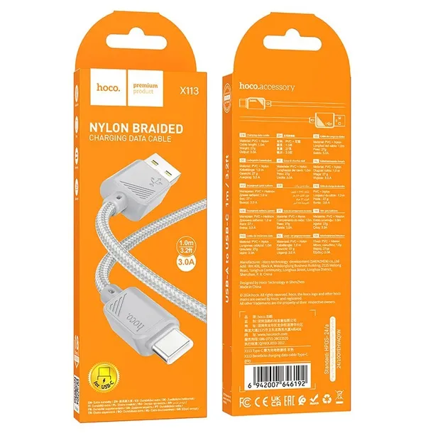 kabel-usb-a-do-usb-c-hoco-3a-1-m-x113-szary-dlugosc-przewodu-1-m