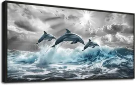 obraz-na-plotnie-czarna-rama-lite-drewno-dekoracja-scienna-delfiny-50x100cm