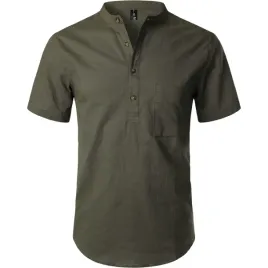 meska-koszula-henley-casual-bawelniana-krotki-rekaw-ciemno-zielona-m