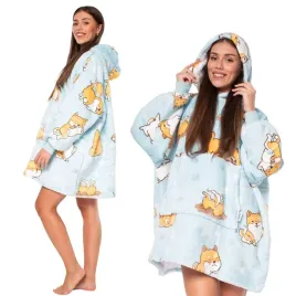 Zdjęcie produktu Bluza Koc Kocobluza 2w1 Oversize Kaptur Gruba Sherpa Błękitna w Psy
