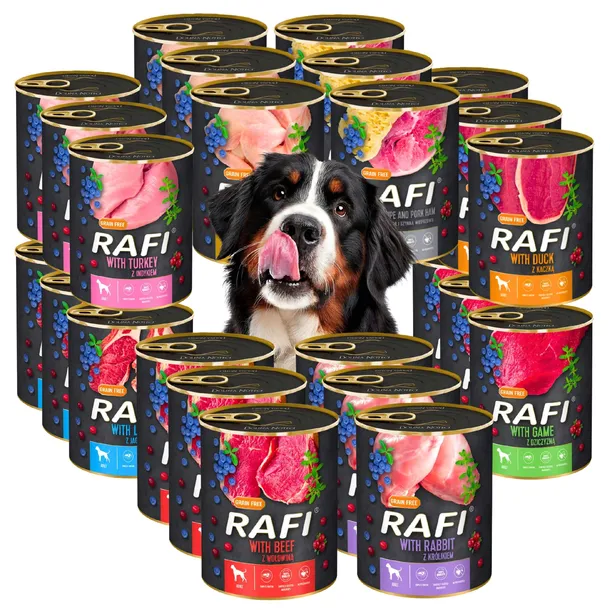 RAFI BEZ ZBÓŻ mokra karma PUSZKI DOLINA NOTECI MIX SMAKÓW DLA PSA 24x800G